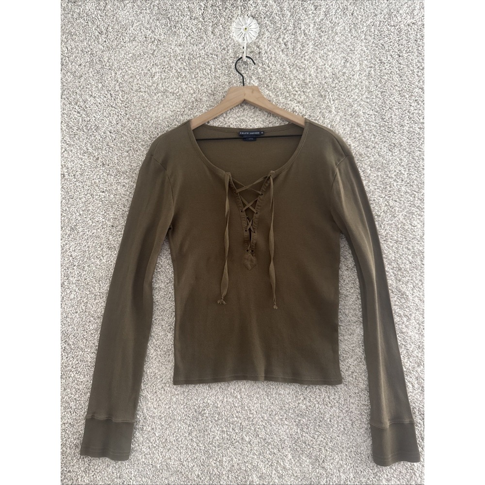Ralph Lauren Army Green Ribbed Lace Up Long Sleeve V Neck Top‎ Size XL